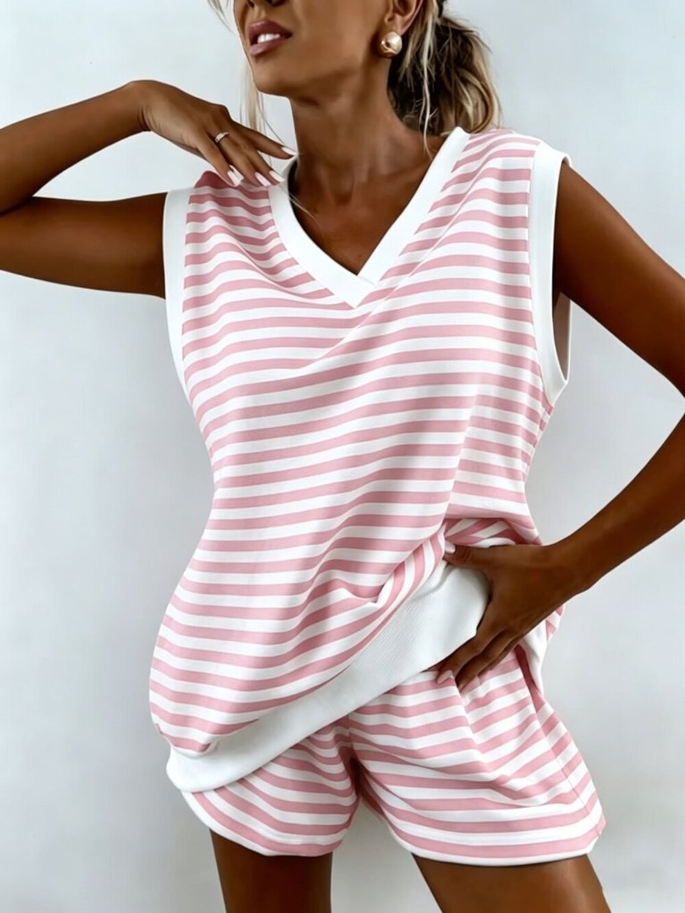 Pink Colorblock Striped Women's Sleeveless V-Neck Camisole Shorts Pajama Set